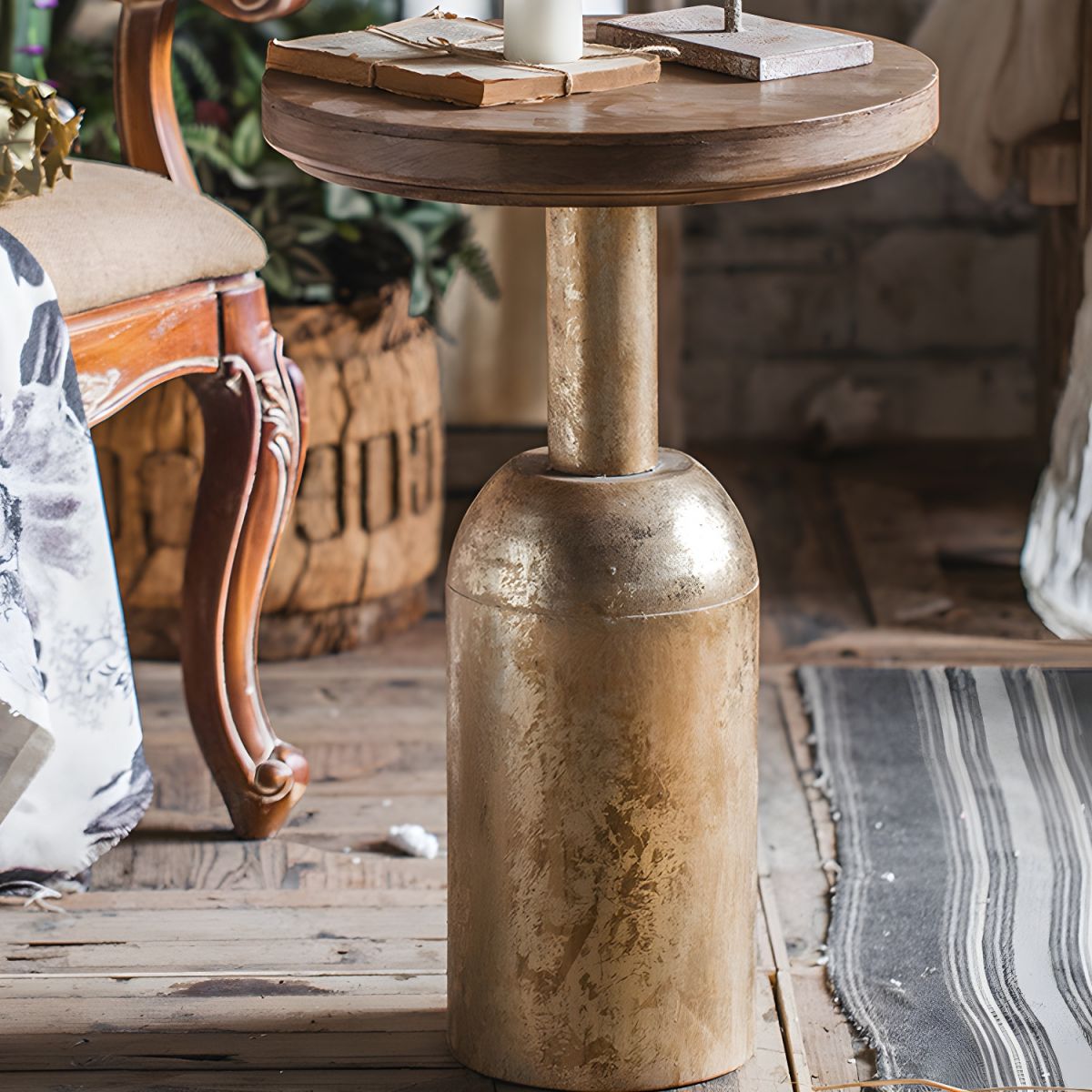 French Country Wood Round Top Side Table A1567