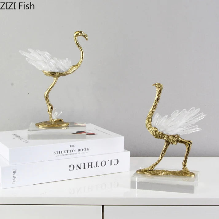Natural White Selenite Pure Copper Ostrich Figurine H1083/H1084