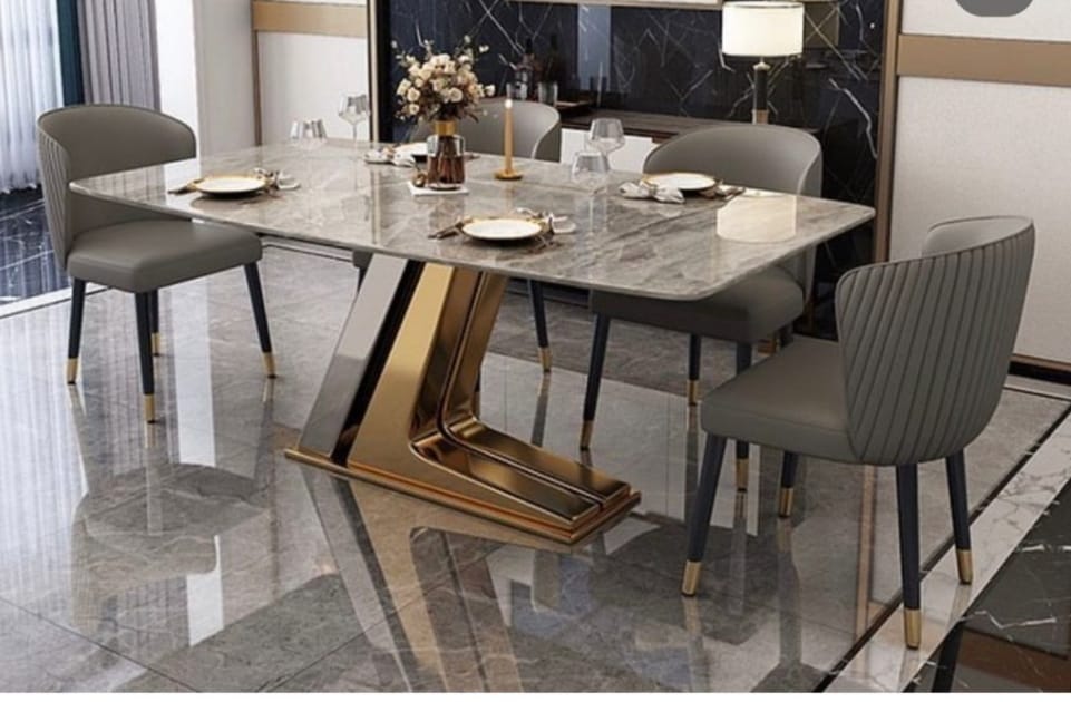 Leavader Modern Dining Table Set - Rectangle Marble Dining Table Top and Stainless Steel & Sintered Stone Base, Minimalist Dining Room Table Set for 6