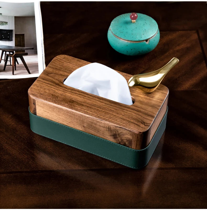 Walnut Wood and Leather Tissue Box 1006