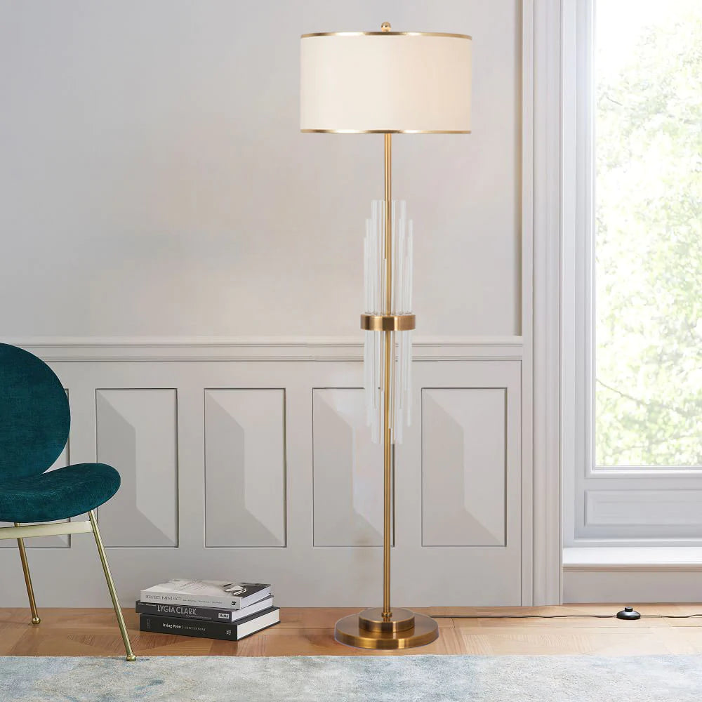 Crystal Floor Lamp Modern Standing Light with Fabric Lampshade and Heavy Metal Based