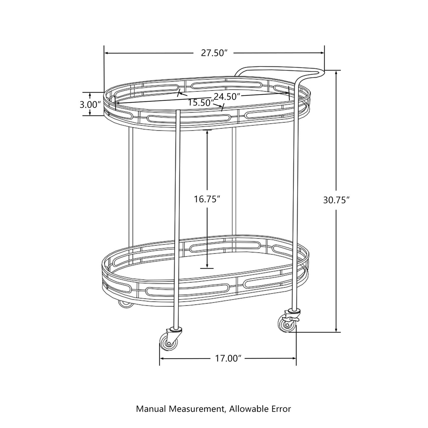 New Oval Gold Bar Cart with 4 Wheels 2-Tier Deluxe Tray Metal