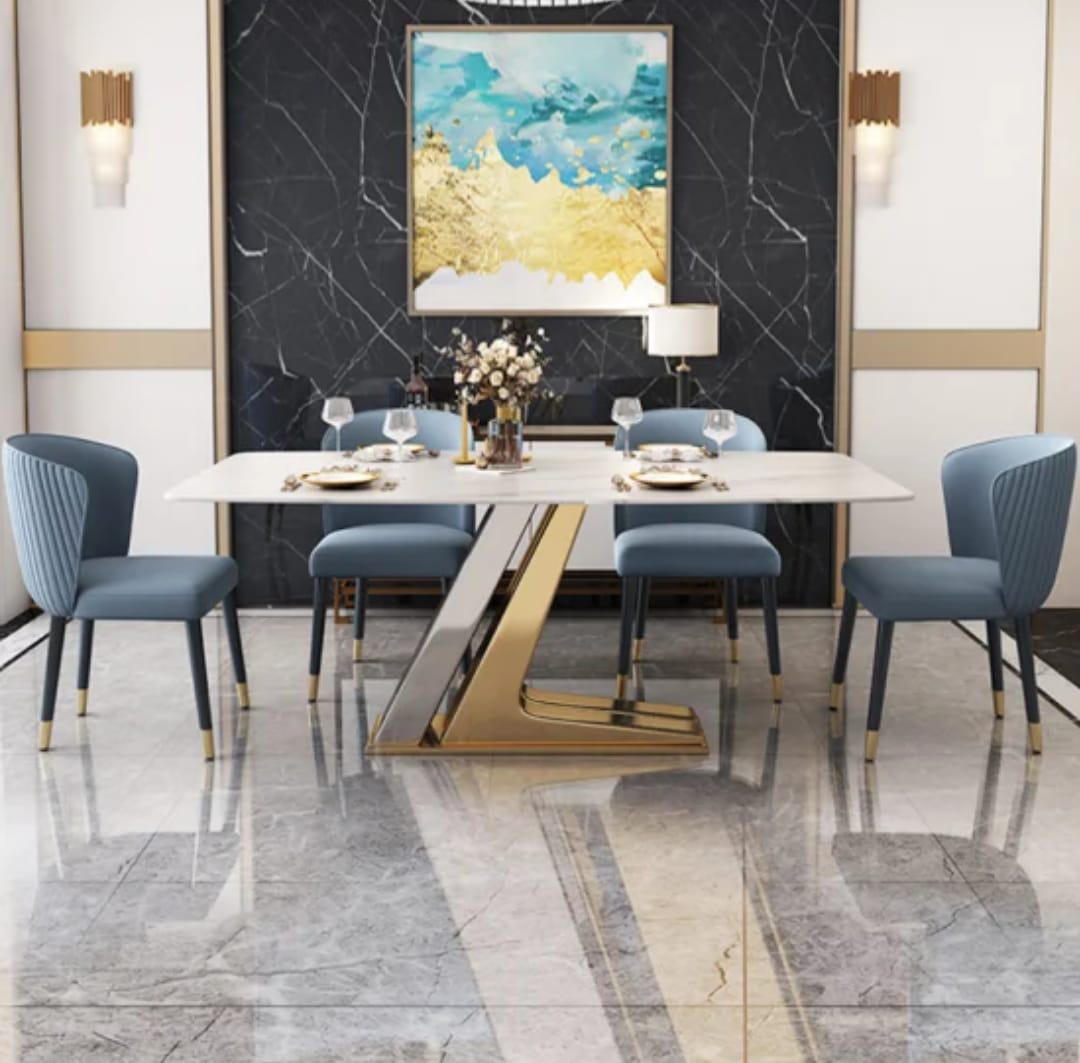 Leavader Modern Dining Table Set - Rectangle Marble Dining Table Top and Stainless Steel & Sintered Stone Base, Minimalist Dining Room Table Set for 6