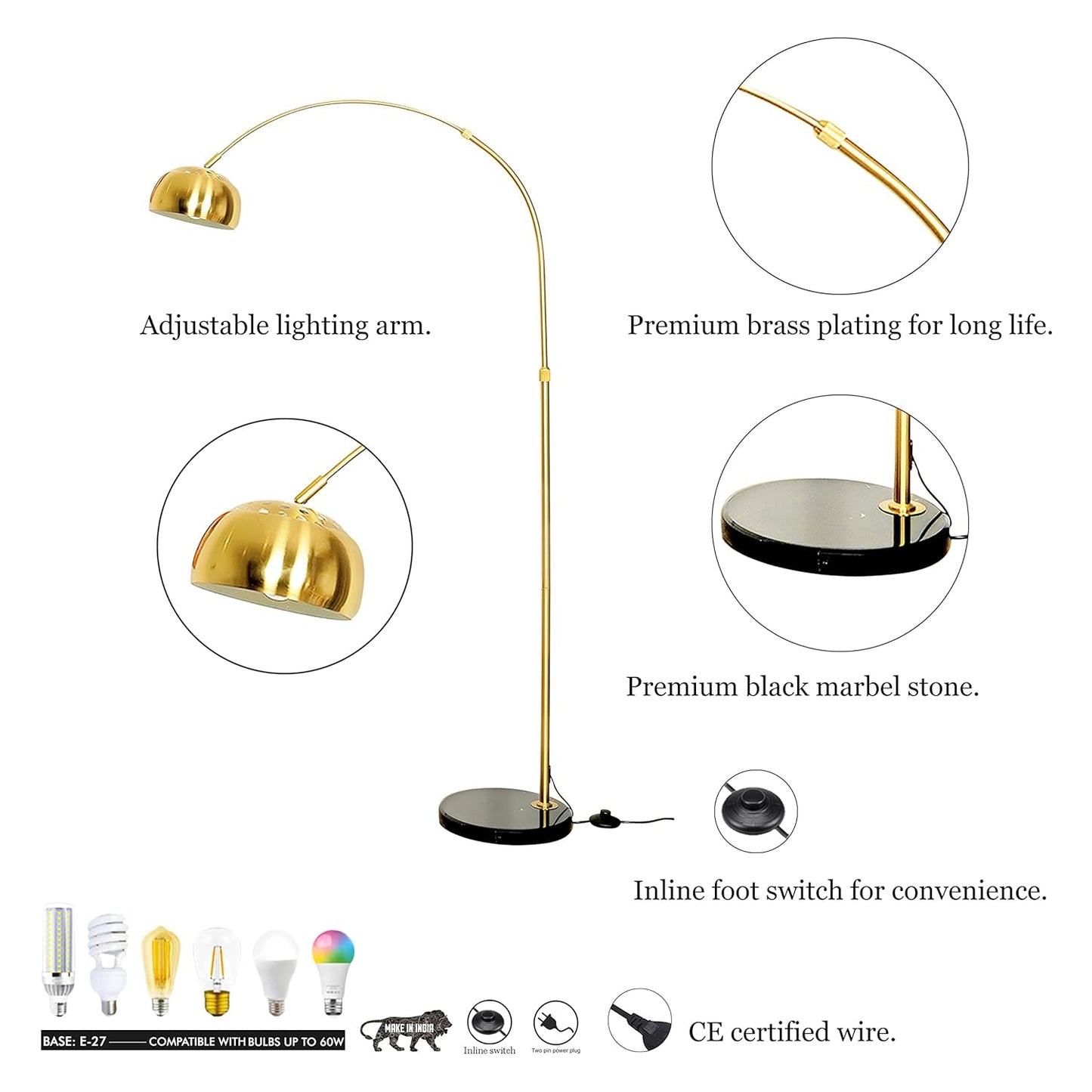 Arc Single Light Floor Lamp in Black and Gold Finish