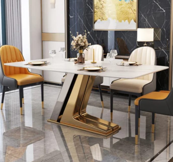 Leavader Modern Dining Table Set - Rectangle Marble Dining Table Top and Stainless Steel & Sintered Stone Base, Minimalist Dining Room Table Set for 6