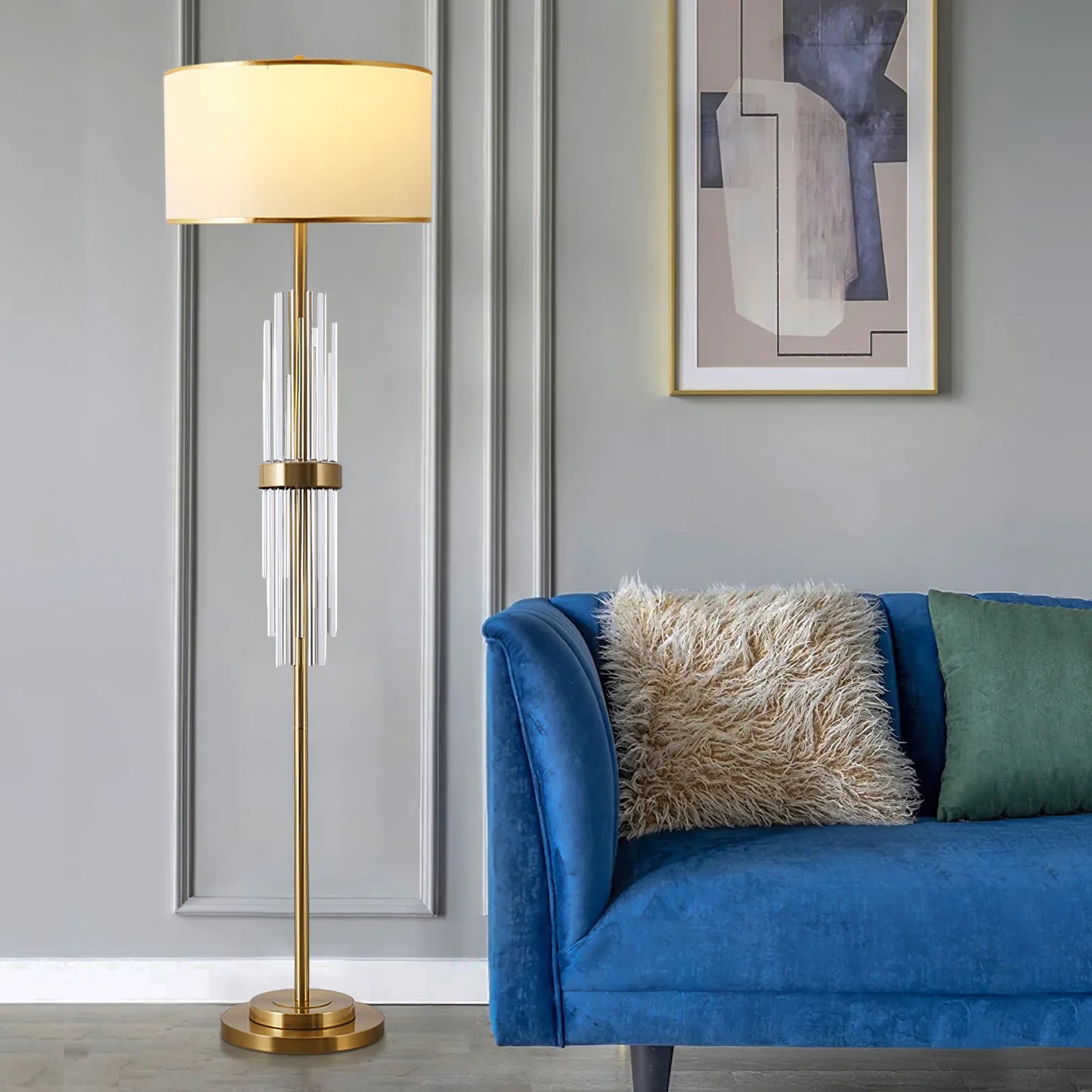 Crystal Floor Lamp Modern Standing Light with Fabric Lampshade and Heavy Metal Based