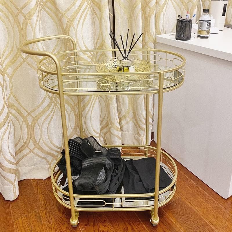 New Oval Gold Bar Cart with 4 Wheels 2-Tier Deluxe Tray Metal