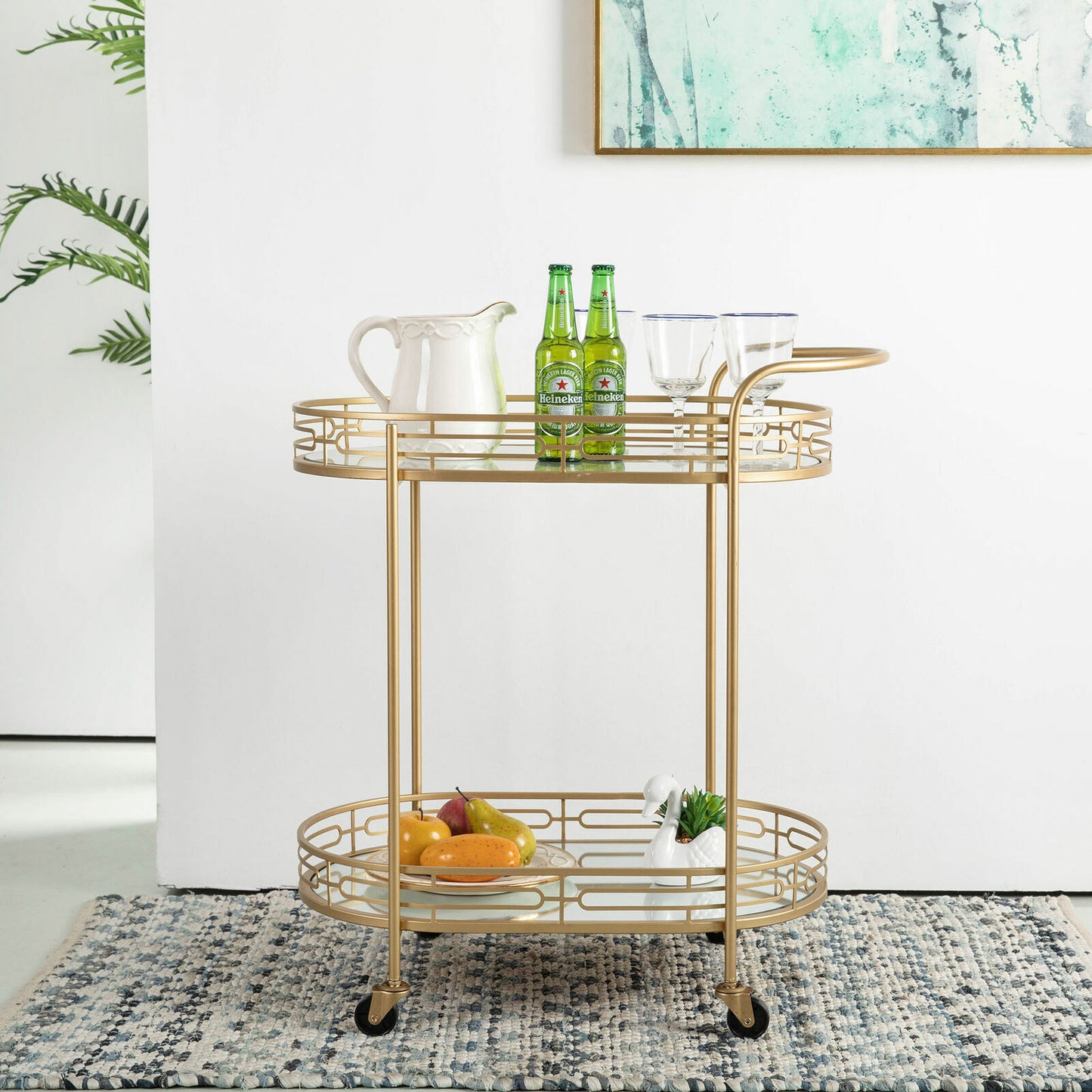 New Oval Gold Bar Cart with 4 Wheels 2-Tier Deluxe Tray Metal