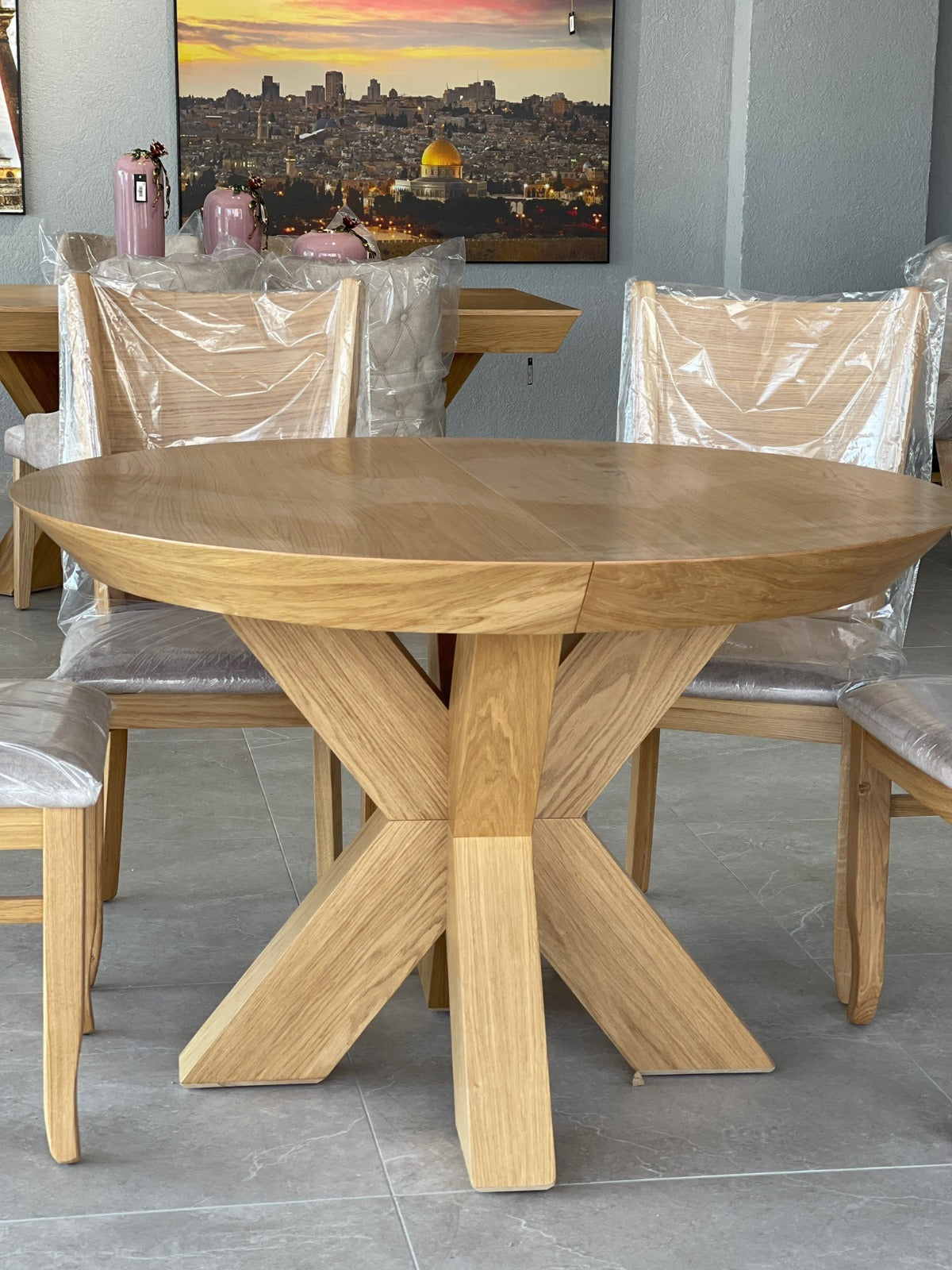 French Style Round Dining Table Adjustable and 6-Chairs