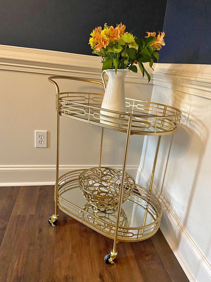 New Oval Gold Bar Cart with 4 Wheels 2-Tier Deluxe Tray Metal