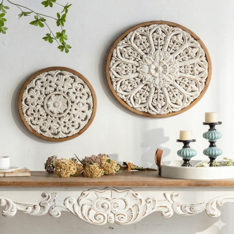 Round Carved Wooden Wall Decor with Distressed White Finish A2550/A2551