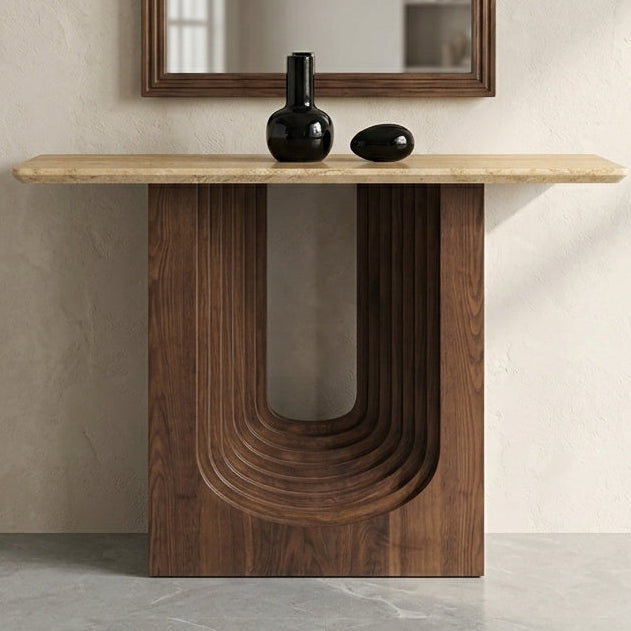 Arched Walnut & Travertine Sculptural Console Table T90#