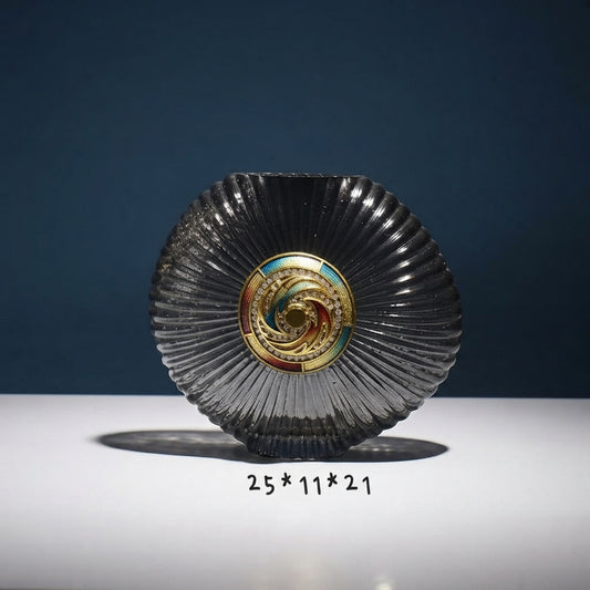 Modern Designer Ribbed Round Glass Vase with Center Motif Y36