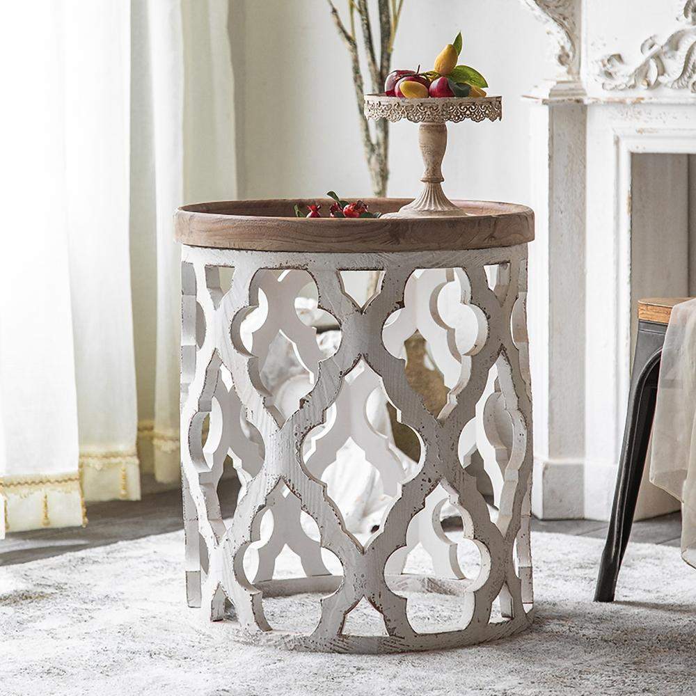 Retro Style White End Table Wooden Tray Tabletop Side Table