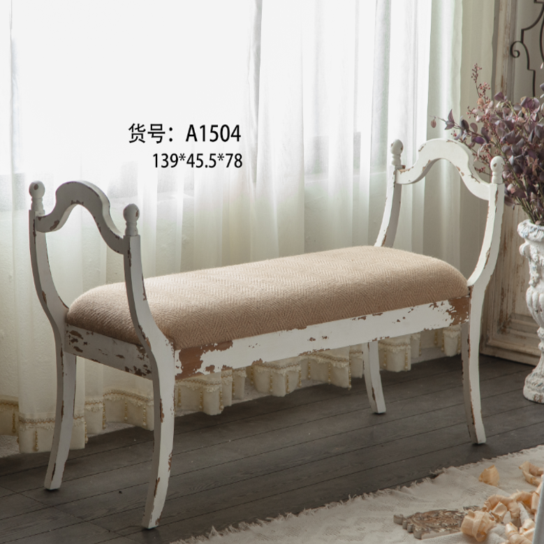 French style distressed white wooden bench A1504