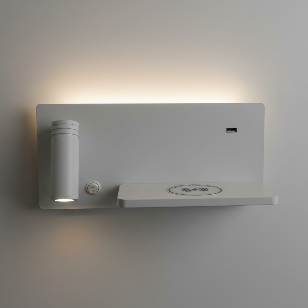 Modern LED Wall Lamp With a Built-in Shelf, USB port, and Wireless Charging X1143-7W/WH