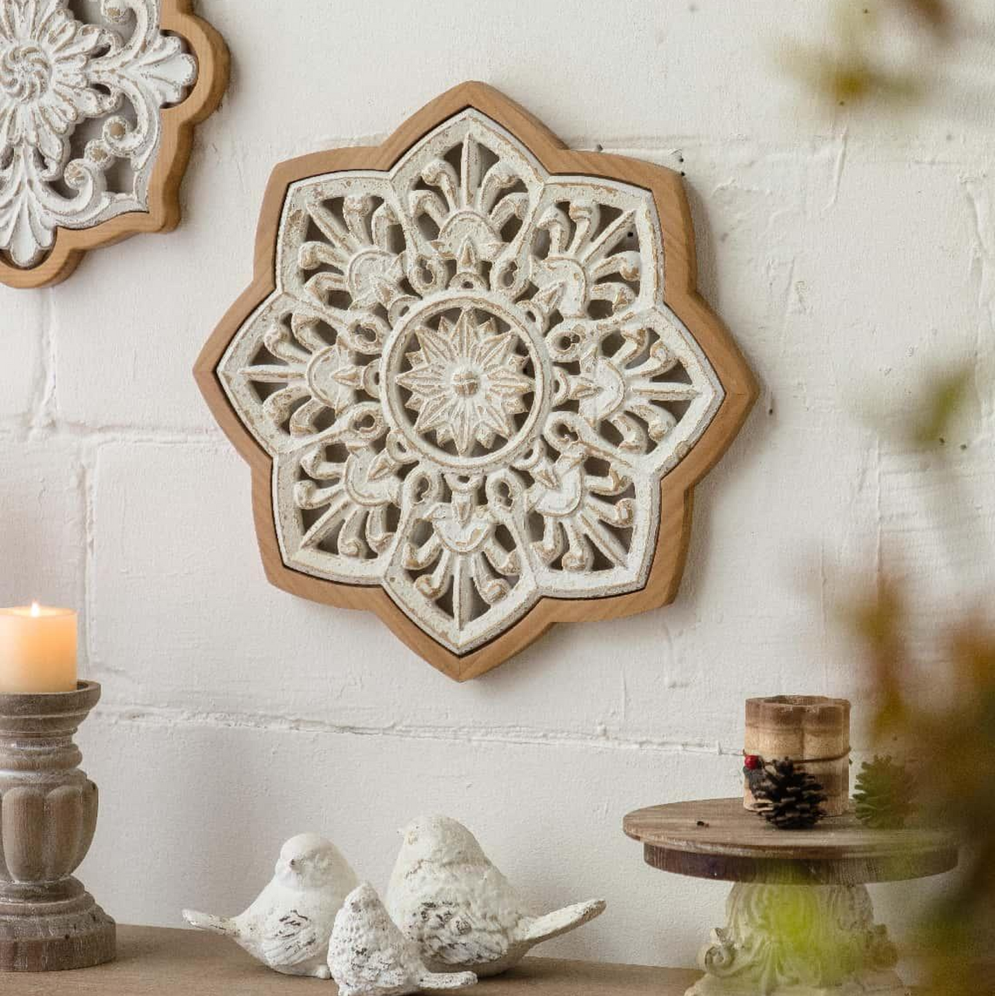 Bohemian vintage-style carved wooden wall art A3299