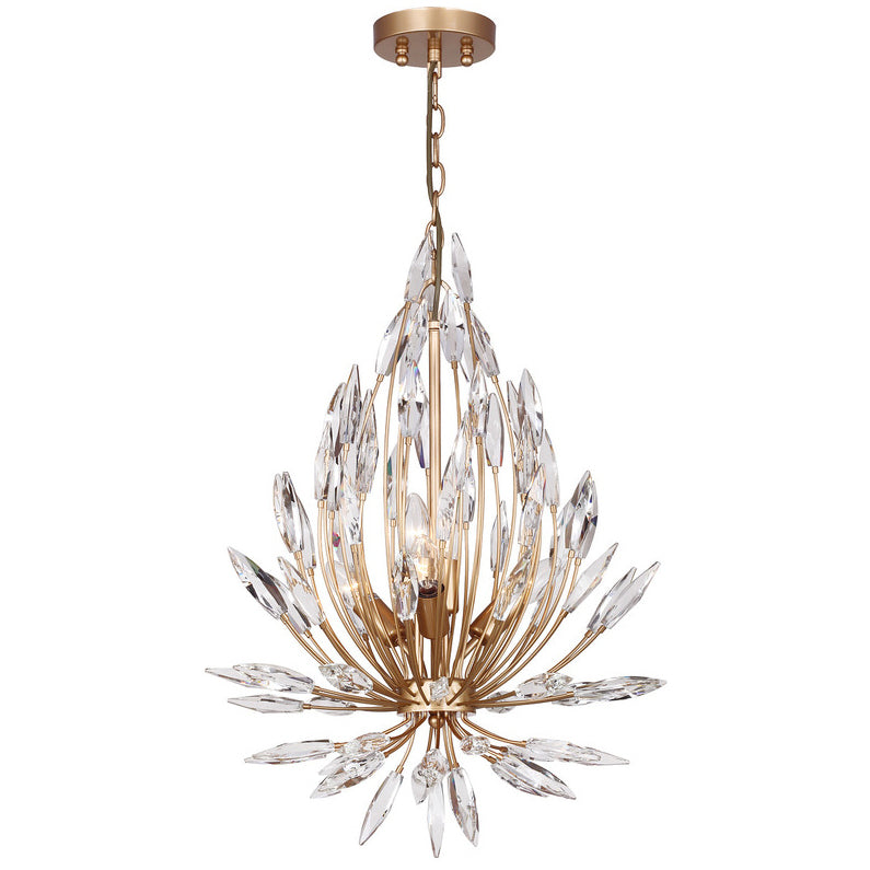 Pendant in gold leaf finish with graceful bouquets of faceted crystal that create a naturally elegant lighting effect. 2022336A