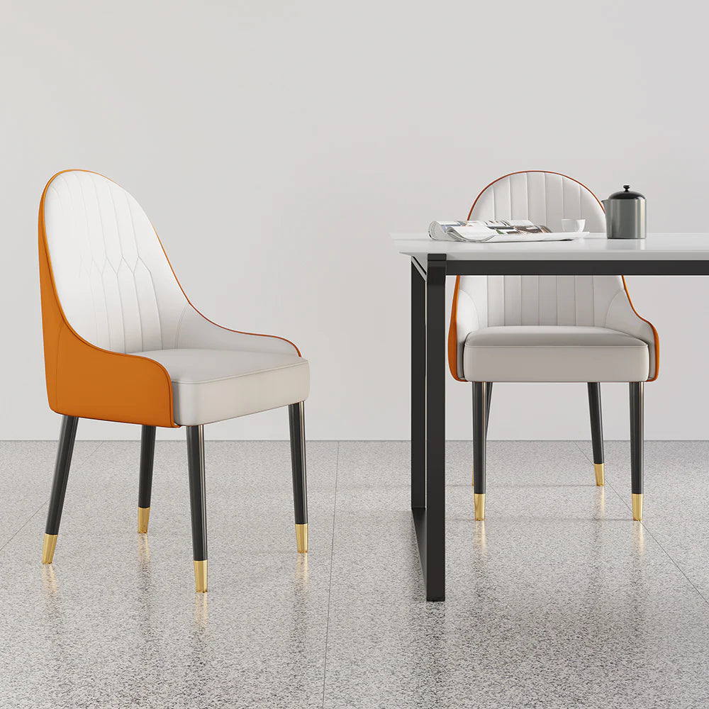 Modern PU Leather Dining Chair in White & Orange with Metal Legs