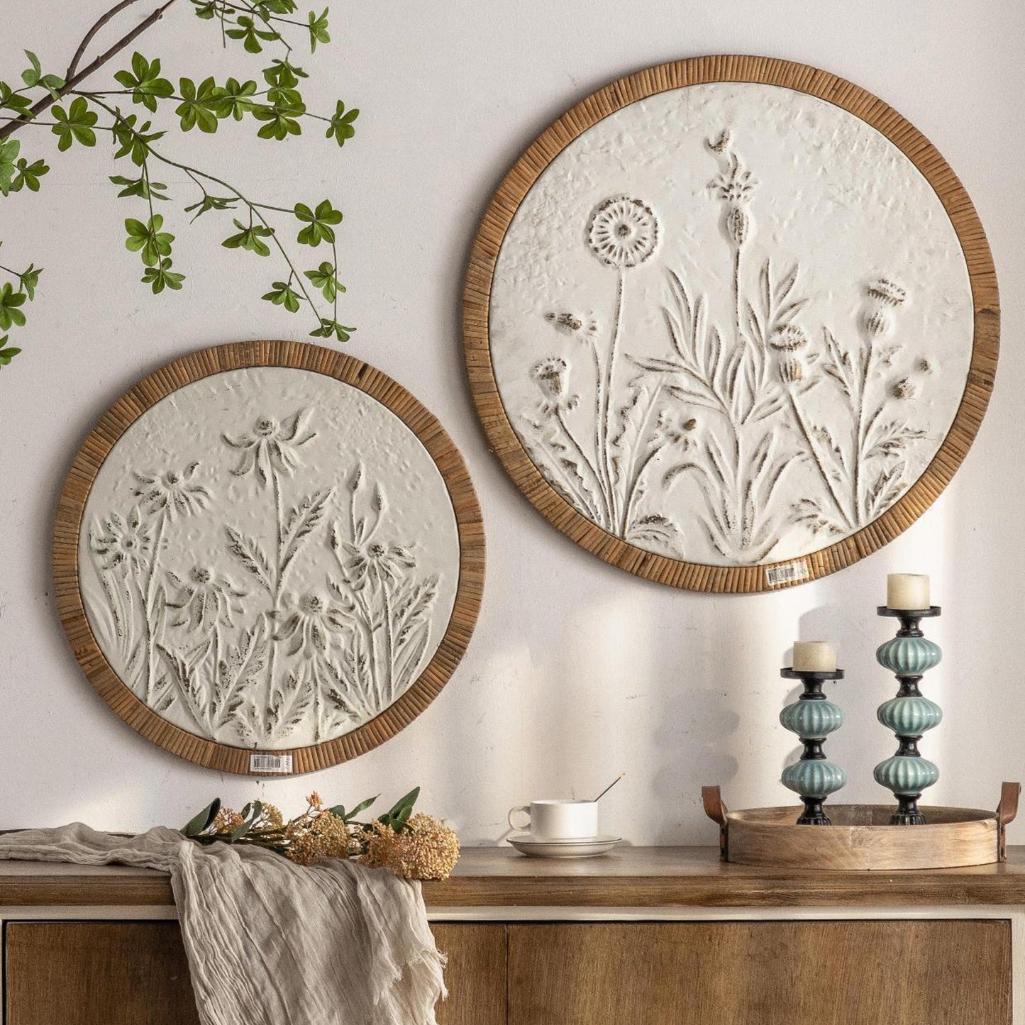 Nordic-style circular botanical relief wall-hanging A2450/A2449