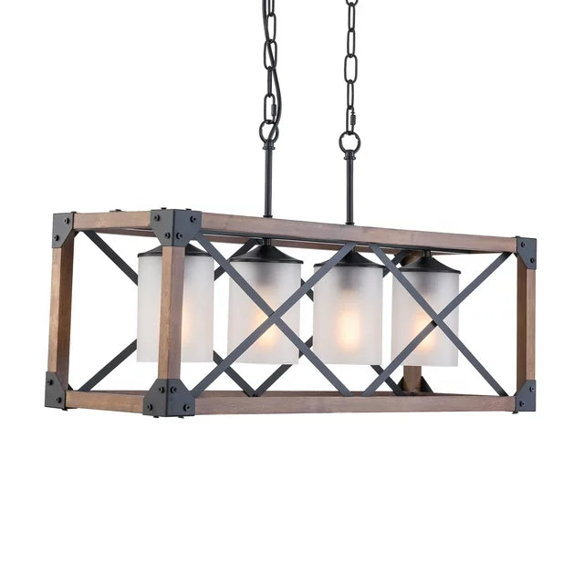 4-Light Wood Ceiling Light Fixture Chandeliers with Frosted Glass Shade Modern Farmhouse Chandelier 9706