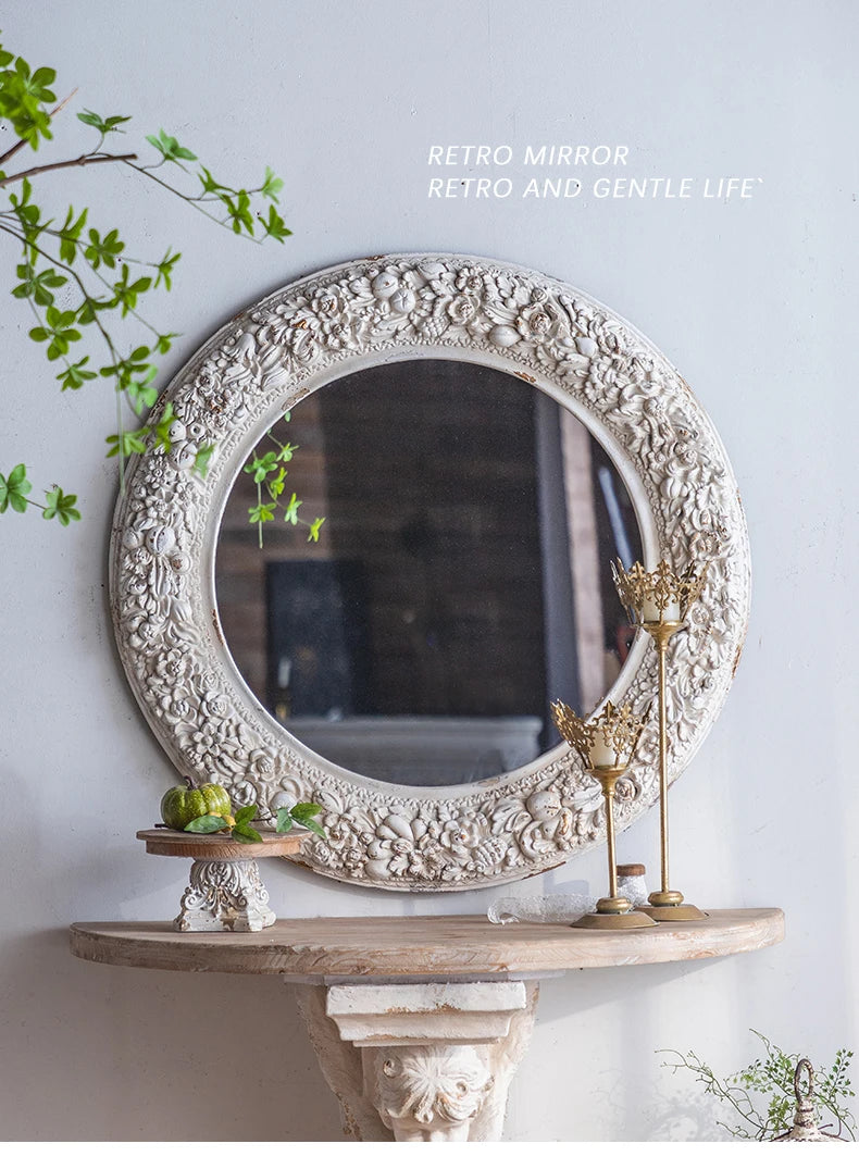 Round Mirror White Paint Distressed Vintage Mirror