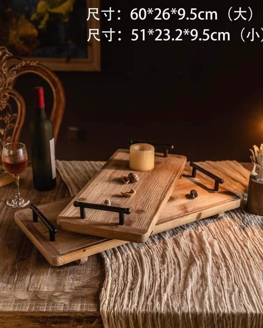 Wood Light Serving Tray with Metal Handles