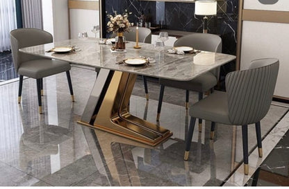 Leavader Modern  Dining Table Set - Rectangle Marble Dining Table Top and Stainless Steel & Sintered Stone Base, Minimalist Dining Room Table Set for 6