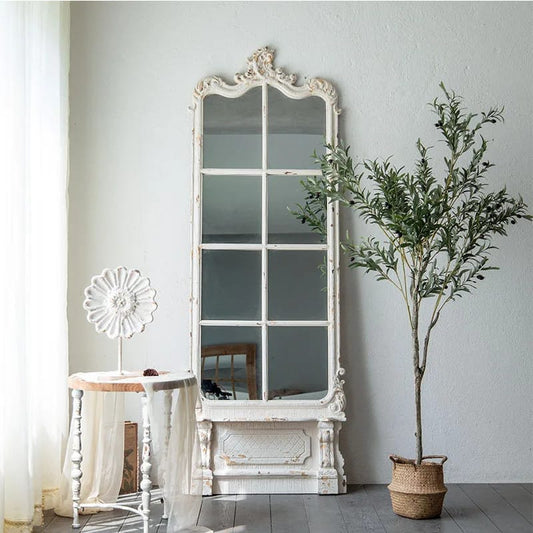 European-style French White Retro Carved Full-body Floor Mirror