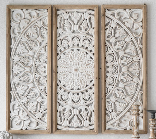 3-Framed, Distressed White, Flora Motif Carved Wall Mural Decoration Hanging Panel A133