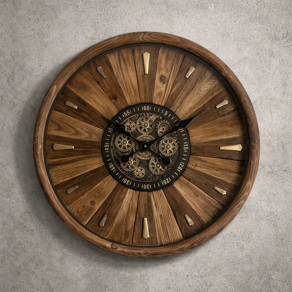 Rustic Moving Gear Wooden Wall Clock 72268