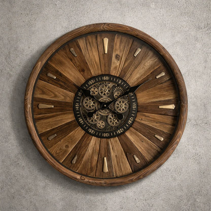 Rustic Moving Gear Wooden Wall Clock 72268