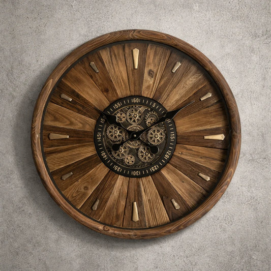 Rustic Moving Gear Wooden Wall Clock 72268