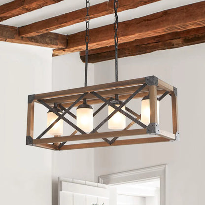 4-Light Wood Ceiling Light Fixture Chandeliers with Frosted Glass Shade Modern Farmhouse Chandelier 9706