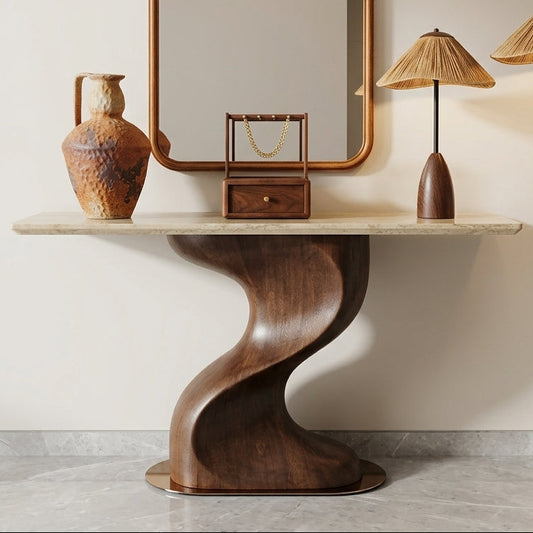 Serpentina Sculptural Walnut Console with Travertine Top 750#