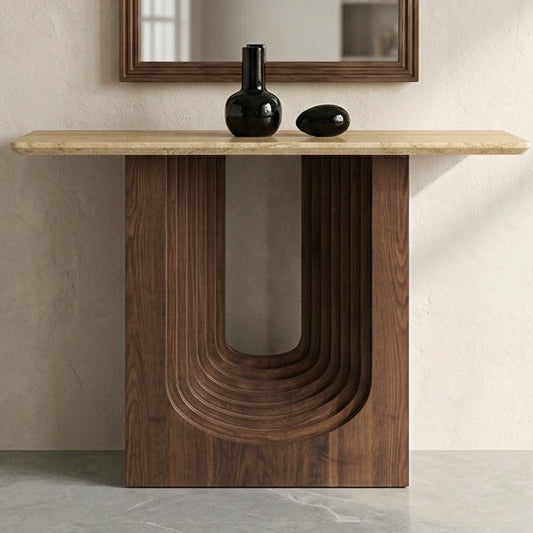 Arched Walnut & Travertine Sculptural Console Table  T90#