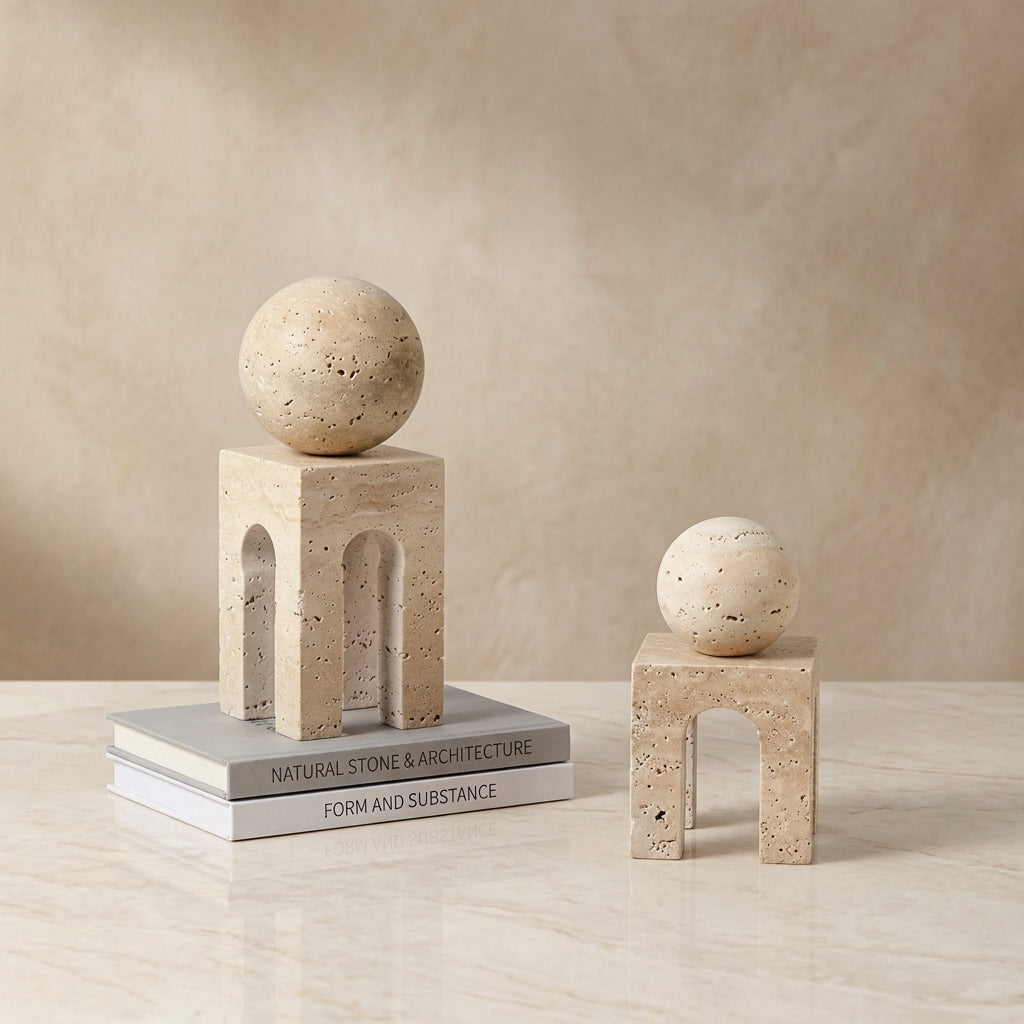 Travertine Sphere & Arch Sculptural Bookends Set Li27/4