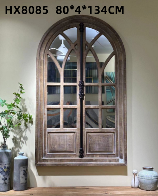 Natural Wood Arched Window Wall Mirror HX8085