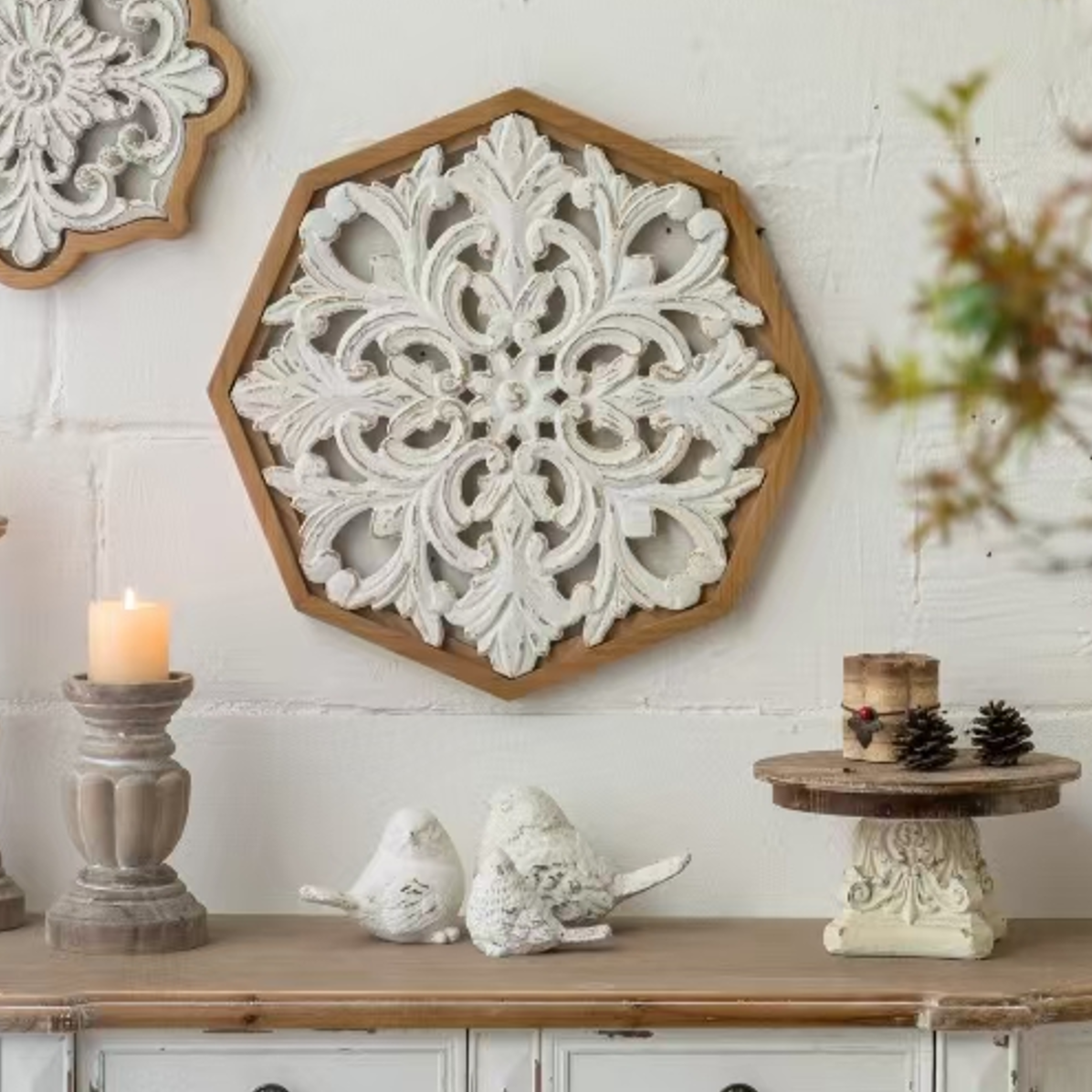 Bohemian vintage-style carved wooden wall art A3298