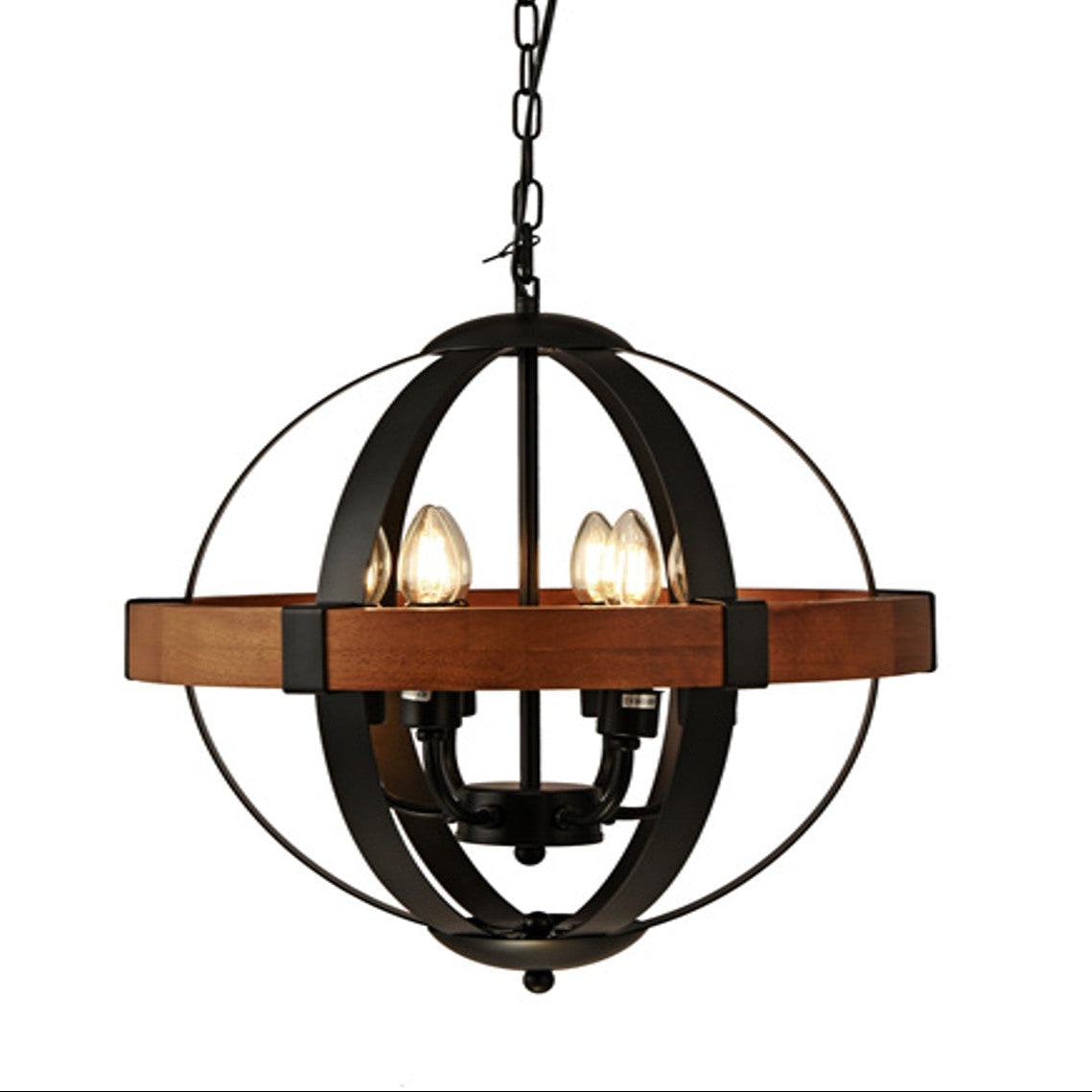 6-Light Black and Wood Finish Globe Pendant Chandelier M752/6