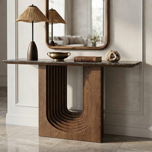 Arched Walnut & Travertine Sculptural Console Table  T90#